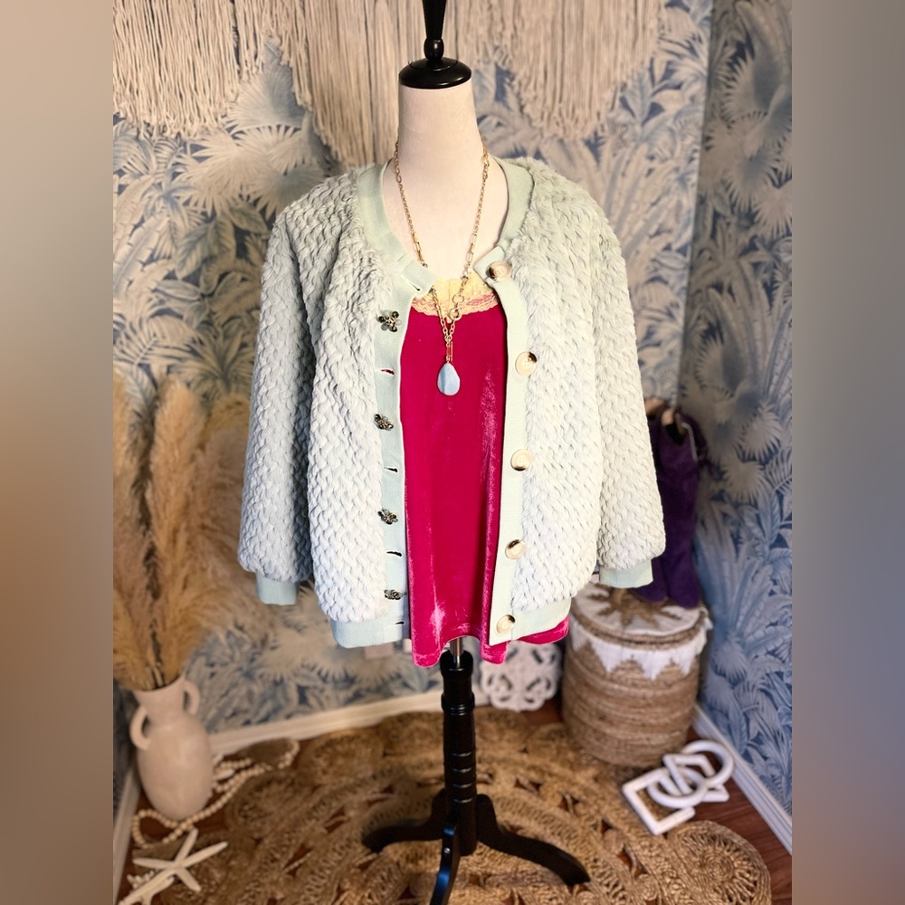 ARATTA Nellie Boho Luxe Mint Fur Jacket Satin Lined Crystal Buttons Boutique - Picture 12 of 16